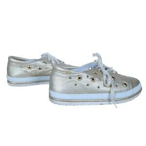 Stuart Weitzman Womens 7 Sneakers Gold Leather Lace Up Platform Casual Chic